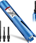 DaduoRi 2-inch dry core drill bit with three adapters (SDS Plus/Max, 1/2-inch hex) in blue housing