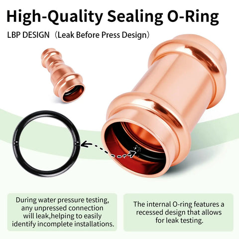 10 Pack Three Quarters Inch Copper Press Coupling With Stop Easy Install ProPress Fitting Seven Eighths Inch OD Heavy Duty Copper Coupler For Type M L K Pipes Water Supply HVAC Compatible With Hydraulic Press Tools, leak-test O-ring