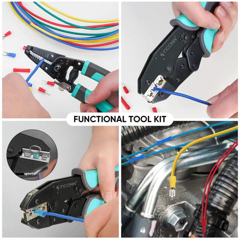 Ratcheting Wire Crimp Tool Combo Kit For Heat Shrink Connectors And AWG 22 To 10 Splices With Cushioned Non Slip Handles