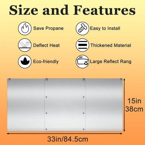 Three Panel Patio Heater Reflector Shield For Outdoor Heaters, Large Heat Deflector with features and dimensions shown