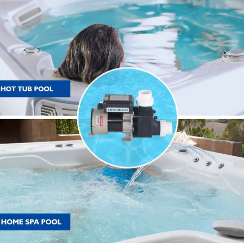 Heavy Duty 1 Point 5 Horsepower Bath Pump And Hot Tub Replacement Motor At 110 Volts With One Point 5 Inch Port Featuring Pure Copper Windings Built Tough For Spas With Zero Hassle Quick Swap in a hot tub environment.