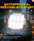 Super Bright 120W Solar Rechargeable Work Light With 144 LEDs Providing 10000LM in rain showcasing IP66 waterproof outdoor use