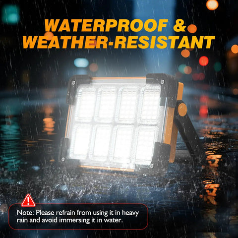 Super Bright 120W Solar Rechargeable Work Light With 144 LEDs Providing 10000LM in rain showcasing IP66 waterproof outdoor use