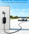 Portable Level 1 And 2 EV Charger With 25 Ft J1772 Cable And Dual NEMA Adapters For Home Electric Vehicles Featuring Smart LCD Display adjustable amperage showing charging status.