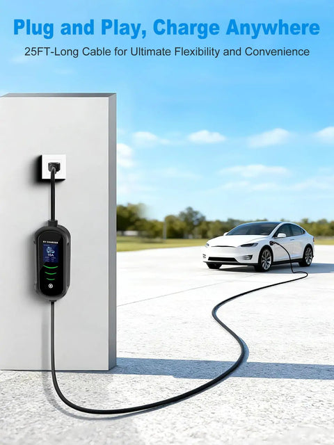 Portable Level 1 And 2 EV Charger With 25 Ft J1772 Cable And Dual NEMA Adapters For Home Electric Vehicles Featuring Smart LCD Display adjustable amperage showing charging status.