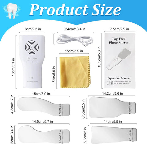 Pro Grade Dental Occlusal Photographic Mirror System With Four Rhodium Intraoral Reflective Mirrors, Anti Fog Fan, LED Lighting Handle, Plated Glass Reflectors, And Comprehensive Oral Inspection Kit, product size diagram