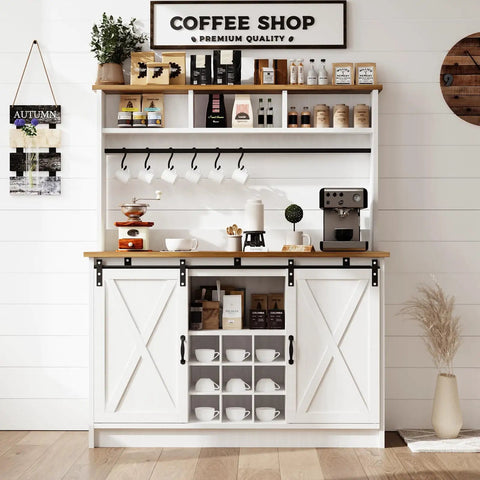 Premium White Farmhouse Coffee Bar Cart With Sliding Barn Doors Open Storage Hutch Integrated Wine Rack Solid Wood Serving Counter Top Station with decor and coffee supplies.
