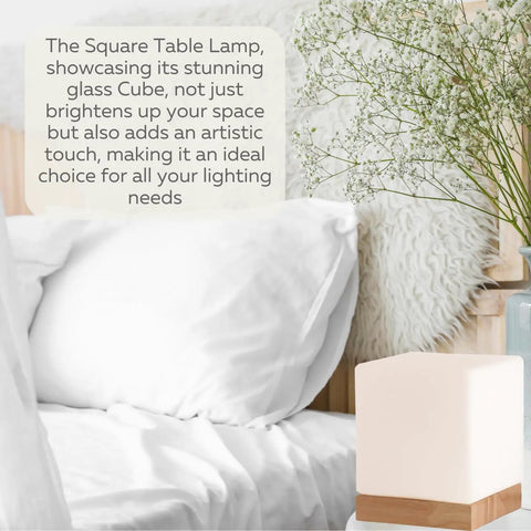Square Glass Desk Lamp Cube LED Light With Warm 2700K Lit Glow 6W Bulb on bedside table with natural decor