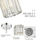 Crystal Chandelier 4-Tier Modern Pendant Light With Polished Chrome Finish For Dining Room, Kitchen Island, Bedroom And Entryway, Sparkling Clear Prisms With Rainbow Sparkle, close-up details of chrome finish, crystal lampshade, and bulb base.