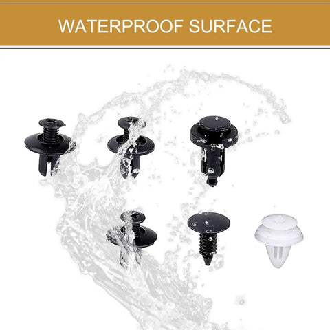 Tesla Model X Bumper Clip Kit 100Pcs For 2021 To 2026 Built Tough Premium ABS Car Fasteners Exterior Trim Clips Shock Resistant Vibration Dampening Easy Install Replacement Kit waterproof bumper clips shown with water splash