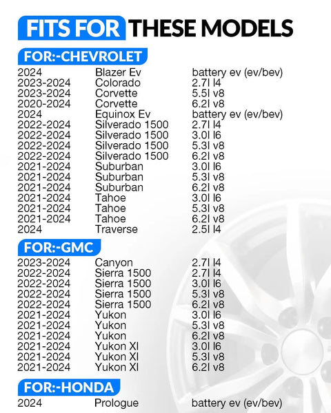 Fits for models list including Chevy Silverado 1500 2022 to 2024, compatible with Rock Solid 433 Mhz Tpms Sensor.