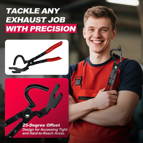 Exhaust hanger removal tool set of two: heavy-duty pliers with red grips and black 25° offset hanger tool