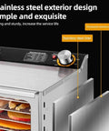 Heavy Duty Stainless Steel Food Dehydrator With Multi Layer Racks Digital Adjustable Timer And Temperature Control showcasing stainless steel exterior and control knobs.