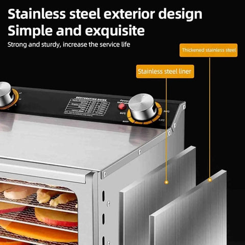 Heavy Duty Stainless Steel Food Dehydrator With Multi Layer Racks Digital Adjustable Timer And Temperature Control showcasing stainless steel exterior and control knobs.