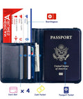 RFID Blocking Leather Passport Holder Travel Wallet For Women And Men, open to show passport, cards, tickets, and dark blue material.