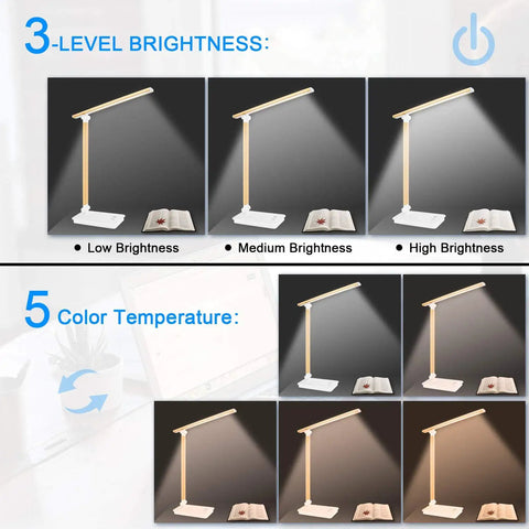 Image showing 3 brightness levels and 5 color temperatures of Must Have LED Desk Lamp With USB Charger, Dimmable Eye Caring Light.