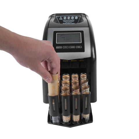 4 Row Electric Coin Counter And Sorter With No Fuss Auto Row Advancement And Anti Jam Technology And Digital Counting Display showing hand adding coins