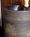 Top Shelf Handmade Vessel Sink With Faucet And Drain Pre Drilled Installation Hole featuring a lotus design and smooth finish.