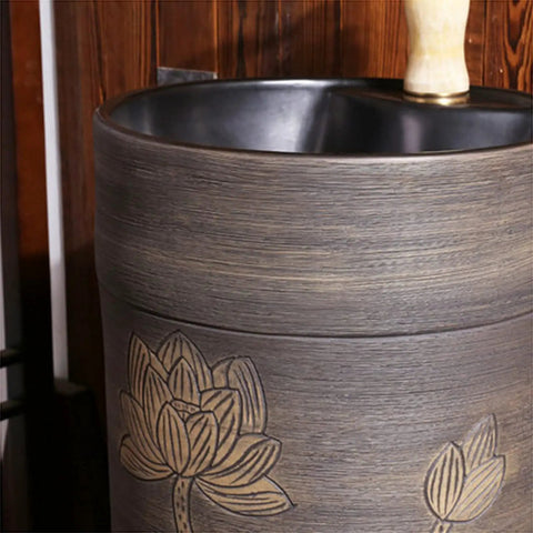 Super Chic Handmade Vessel Sink With Faucet And Drain Overflow Basin For Indoor Outdoor Bathroom Vanity Top Hella Easy Setup side angle with lotus design.