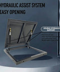 Built Tough Galvanized Steel Ceiling Access Panel With Slick Hinged Cover For Drywall And Plaster Ceilings Featuring Dual Support Struts And Hassle Free Install showing open hydraulic assist system.