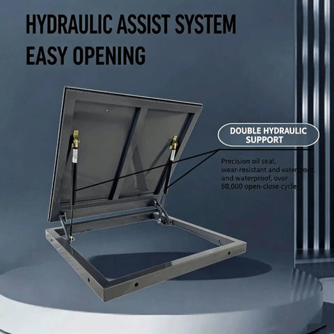 Built Tough Galvanized Steel Ceiling Access Panel With Slick Hinged Cover For Drywall And Plaster Ceilings Featuring Dual Support Struts And Hassle Free Install showing open hydraulic assist system.