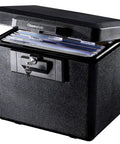 Black Fireproof Document Box With Key Lock For Home Or Office, 0.61 Cubic Feet, 13.6 by 15.3 by 12.1 Inches, UL Classified Half Hour At 1550F, ETL Verified For CDs DVDs And USBs, Flat Key Lock Keeps Lid From Opening In Fire