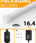 LED Neon Rope Lights 12V Warm White Dimmable 16 Feet Waterproof Silicone Neon Strip 3000K shown with adapter and clips