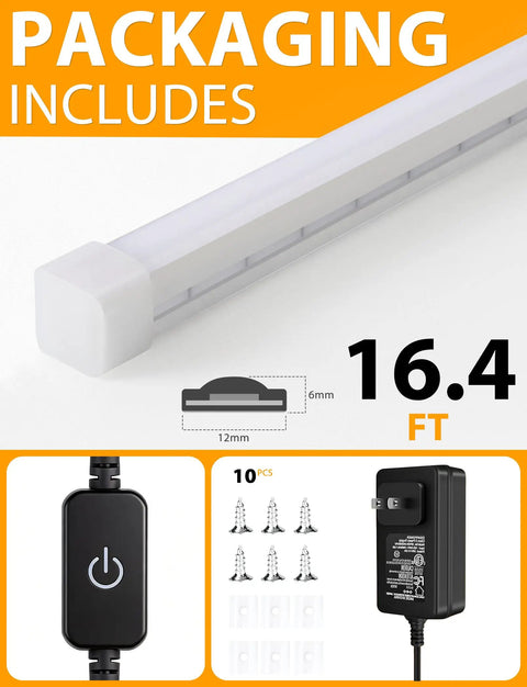LED Neon Rope Lights 12V Warm White Dimmable 16 Feet Waterproof Silicone Neon Strip 3000K shown with adapter and clips
