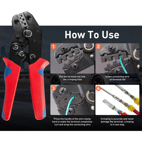 Waterproof Automotive Electrical Connector Kit with 63 Sets showing ratcheting crimp pliers and wiring instructions.