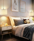Plug In Pendant Lights With Smooth Dimmer Switch And 15 Foot Braided Hemp Cord For Super Chill Bedroom Or Living Room Vibes Two Pack Quick Hook Up Beige Linen Shades above a cozy bed with decorative pillows.