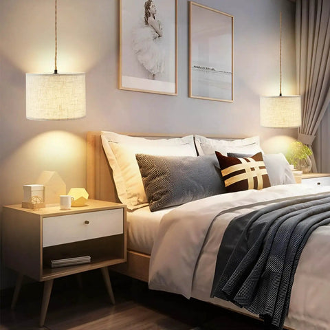 Plug In Pendant Lights With Smooth Dimmer Switch And 15 Foot Braided Hemp Cord For Super Chill Bedroom Or Living Room Vibes Two Pack Quick Hook Up Beige Linen Shades above a cozy bed with decorative pillows.