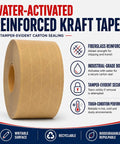 Premium Heavy Duty Water Activated Packing Tape With Badass Hold Fiberglass Kraft Backing For Foolproof Carton Sealing And Hella Secure Shipping Or Moving Projects on a roll with detailed features.