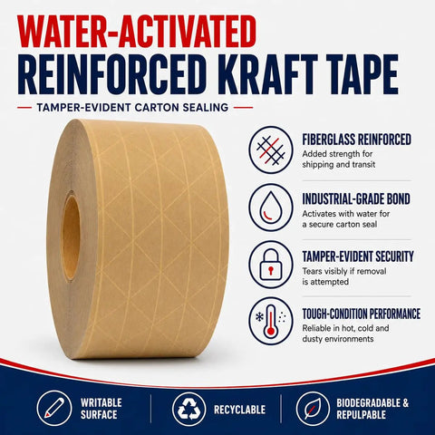 Premium Heavy Duty Water Activated Packing Tape With Badass Hold Fiberglass Kraft Backing For Foolproof Carton Sealing And Hella Secure Shipping Or Moving Projects on a roll with detailed features.