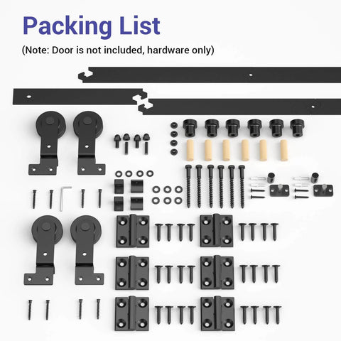 72-Inch Bi-Folding Sliding Barn Door Hardware Kit For Four Doors With Black Top Mount Track shown with all components included.