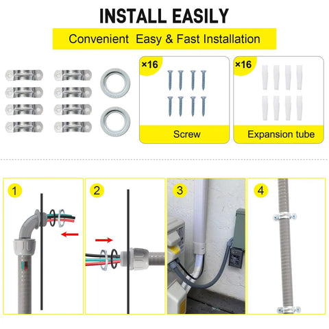 Installation steps and components of Half Inch 10 Foot Non Metallic Liquid Tight AC Whip Kit with 10 AWG Copper Wire and fittings