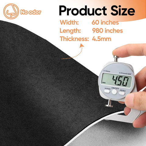 Black suede headliner fabric with 4.5 mm foam backing; caliper shows 4.50 mm thickness (60-inch width).