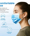 Side view of person wearing Blue Disposable Face Masks Pack Of 100, 3-Ply Breathable Nonwoven Masks For Adults And Teens with nose bridge and earloop.