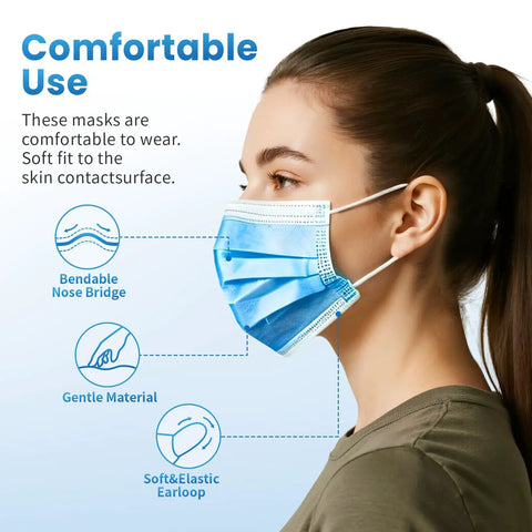 Side view of person wearing Blue Disposable Face Masks Pack Of 100, 3-Ply Breathable Nonwoven Masks For Adults And Teens with nose bridge and earloop.