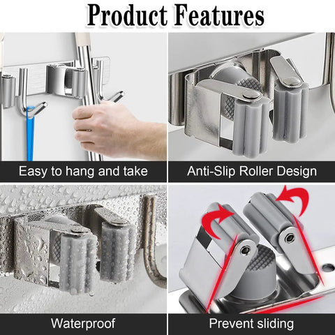 Heavy Duty Wall Mount Broom And Mop Holder With Four Racks And Five Hooks Built To Last Stainless Steel Wall Organizer features
