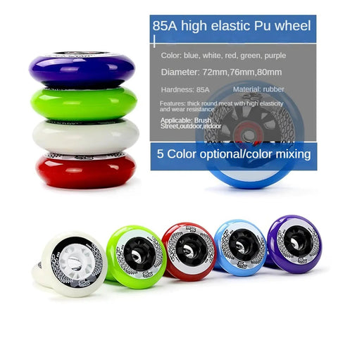 4 Pack Inline Skate Wheels 85A 72mm 76mm 80mm in five colors for indoor outdoor usage with ABEC 9 bearings, tools set, polyurethane