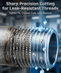 Close-up of pipe with and without precision thread, showcasing sharp cutting for leak-resistant threads with water droplets.