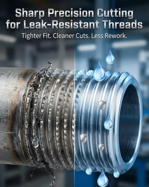 Close-up of pipe with and without precision thread, showcasing sharp cutting for leak-resistant threads with water droplets.