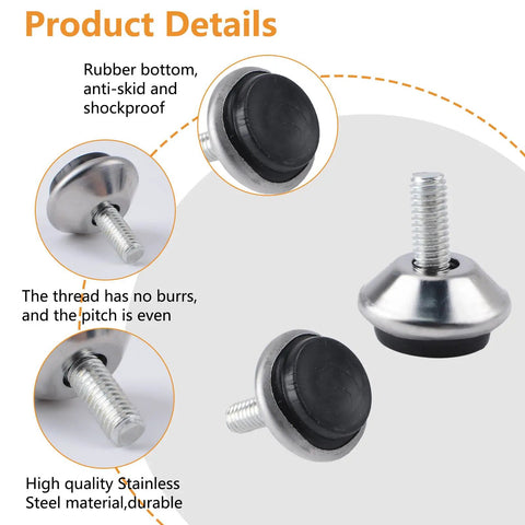 M6 Screw In Adjustable Furniture Levelers 16 Pcs Stainless Steel Swivel Table Glides showing rubber bottoms and threads for easy install.
