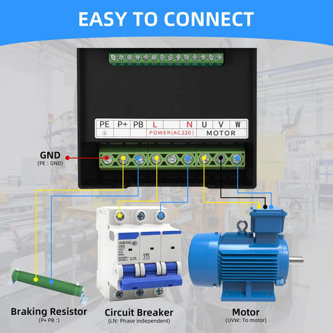 Beefy 5.5KW VFD Drive 1 Phase Input To 3 Phase Output 0-400Hz 220V Inverter Controller For Motors And Water Pumps 20A Compact 9.3 x 4.4 x 6.6 Inch Easy Install. wiring diagram with motor, breaker, and braking resistor