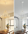 Five Light Crystal Candle Chandelier With Adjustable Chain And E12 Base For Bedroom Hallway Rustic White ceiling fixture in two lighting settings.