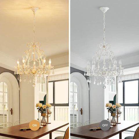 Five Light Crystal Candle Chandelier With Adjustable Chain And E12 Base For Bedroom Hallway Rustic White ceiling fixture in two lighting settings.