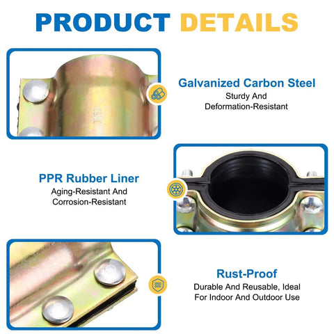 Product details of Water Pipe Repair Clamp Kit For 60mm OD Pipes showing galvanized carbon steel and PPR rubber liner.