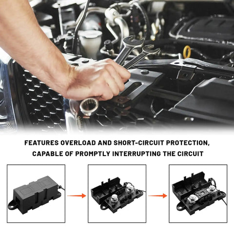Built Tough 400 Amp Mega Fuses High Current Bolt On Automotive Electrical Safety Protection Copper alloy Stud Mount Kit For Trucks Vans Rv Boost Battery Cables And Marine Rides installed on a vehicle.