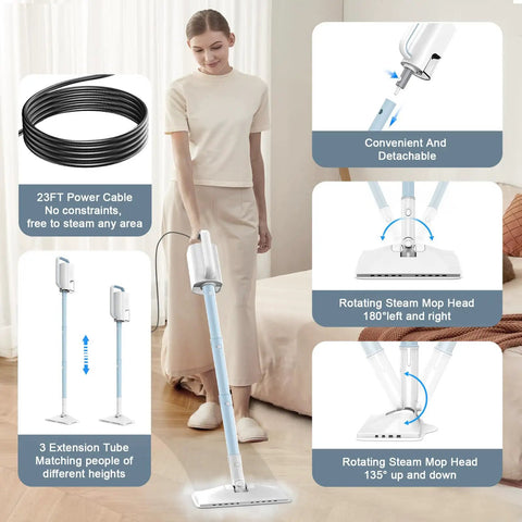 Tough Six In One Rotary Steam Mop With Dual Heat Settings And A Long Twenty Three Foot Cord for versatile cleaning on various flooring.