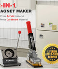 DIY Fridge Magnet Kit 2.5x2.5 Inch, 2-In-1 Magnet Maker And Cutter, machine and fridge with photo magnets displayed
